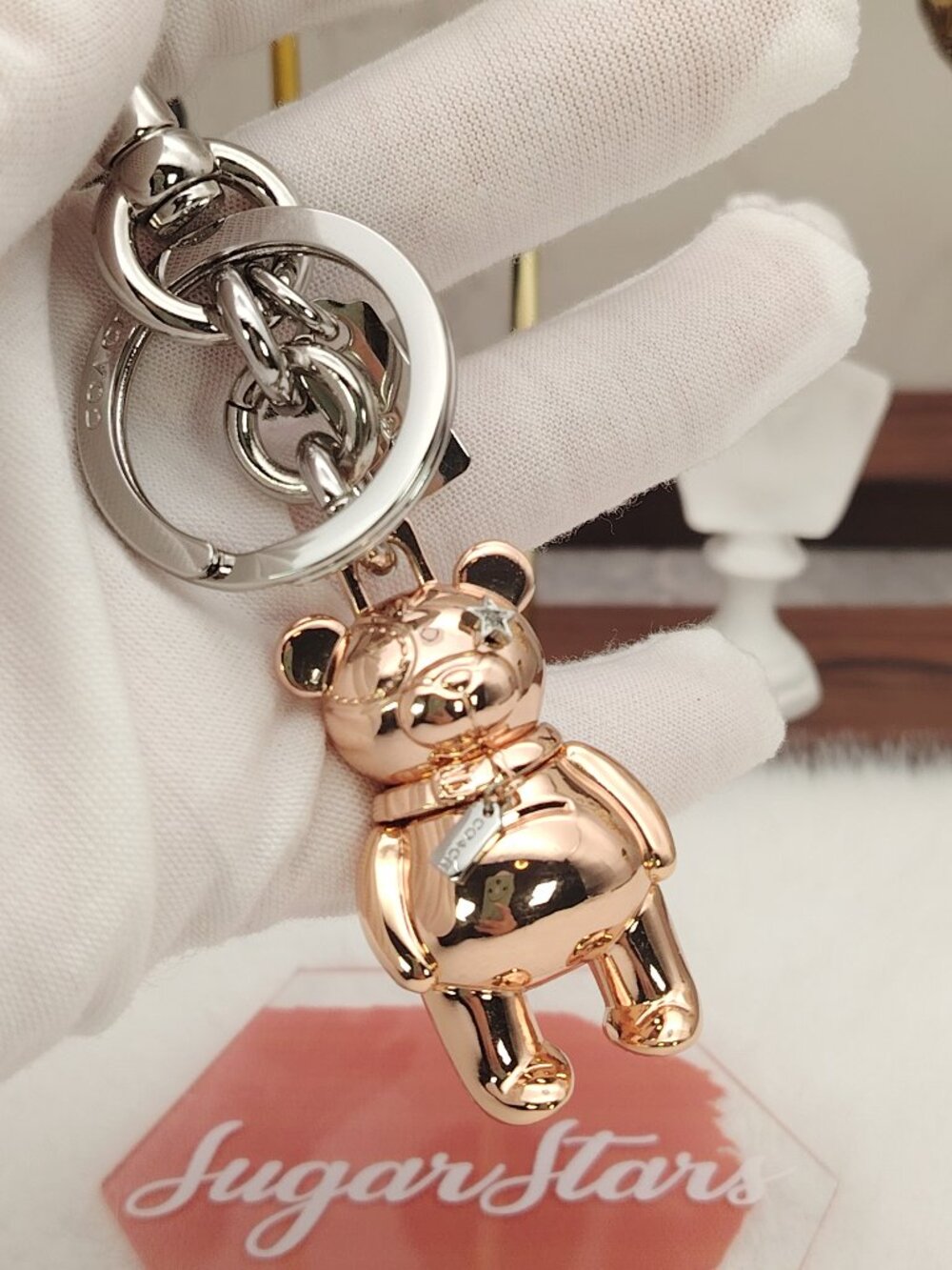 Coach Metal 3D Bear Bag Charm Key Ring Clip Rose Gold 87166